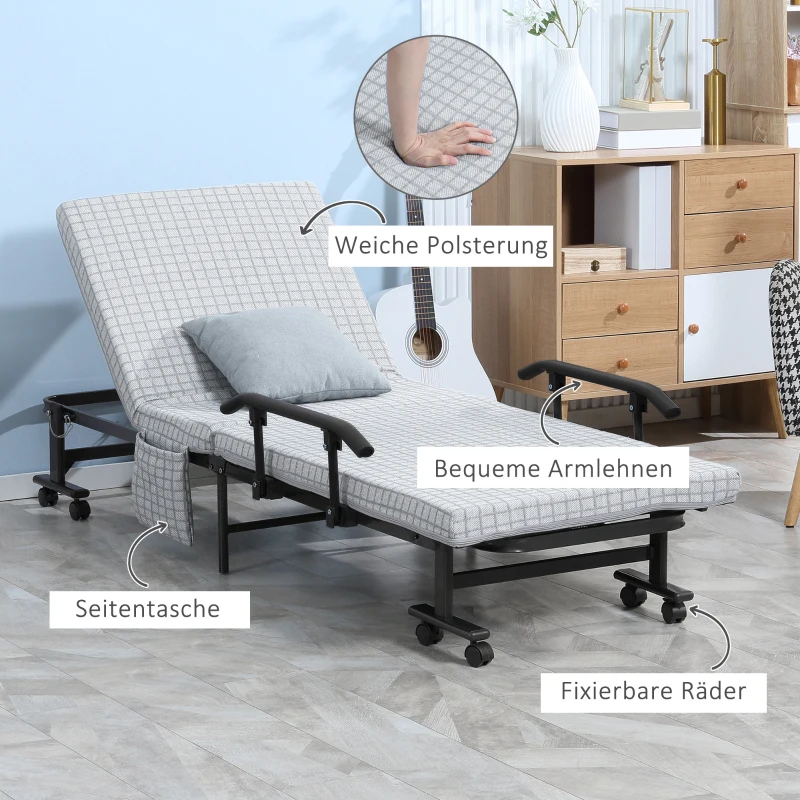HOMCOM Klappbett, Gästebett, neigbare Rücklehne, Armlehnen, 8 Rollen, Stahlrahmen, hellgrau+schwarz, 190 x 76 x 33cm