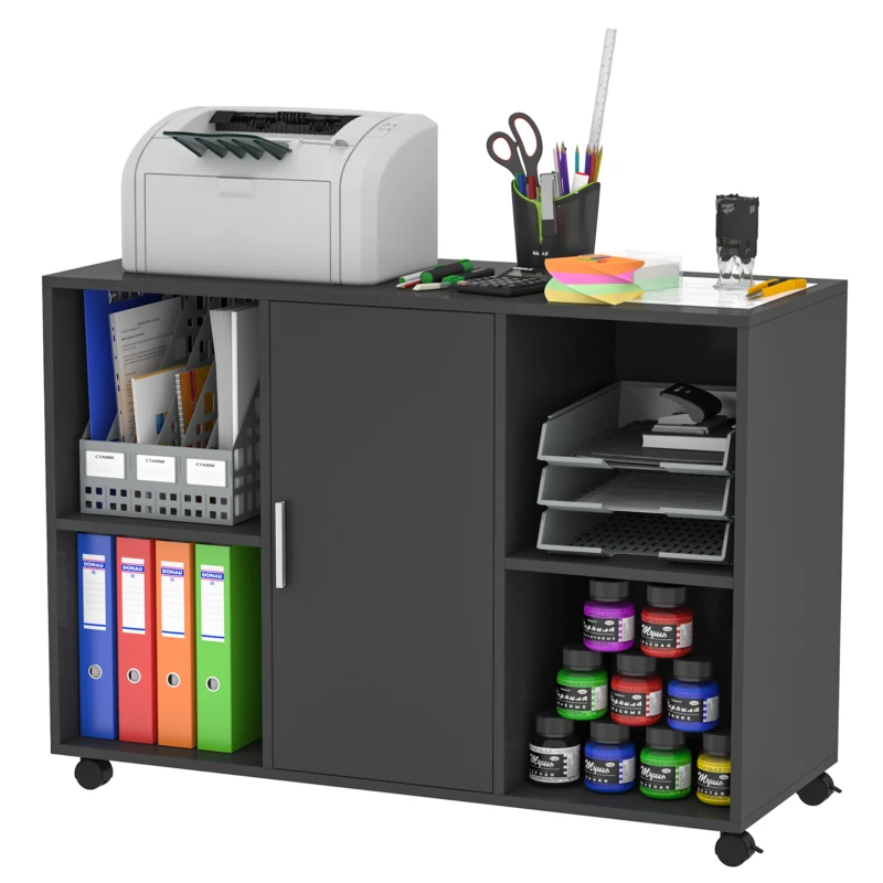 Vinsetto Mobile Office File Cabinet, Lateral Stationery Storage Cabinet, Printer Stand with Wheels, Kitchen Cabinet with Open Shelf and Cupboard, Black