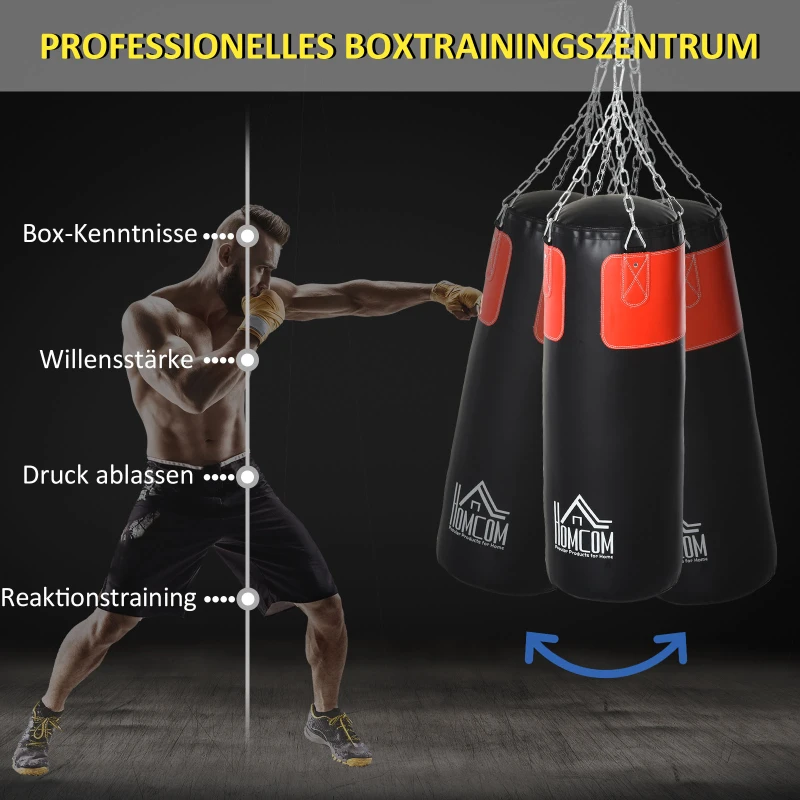 HOMCOM Boxsack-Set Box-Set mit Boxhandschuhen Gefüllt Set für Erwachsene Jugendlichen Hanging Boxing Heavy Bag 16 KG Ø30 x 120 cm Schwarz+Rot