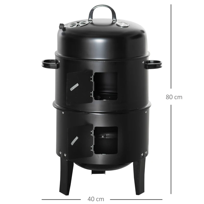 Outsunny 3-in-1 Smoker, Charcoal Barbecue Grill, Fire Pit, Portable BBQ with Thermometer for Garden Camping Outdoor Cooking