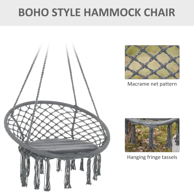 Outsunny Cotton-Polyester Blend Macrame Hanging Chair Swing Hammock with Backrest