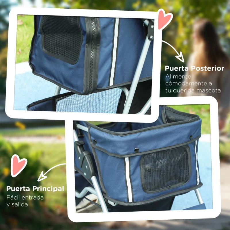 PawHut Carrito para Perros Pequeños con Toldo Ajustable Cesta de Almacenaje Portavasos y Ruedas 75x45x97 cm Azul Oscuro