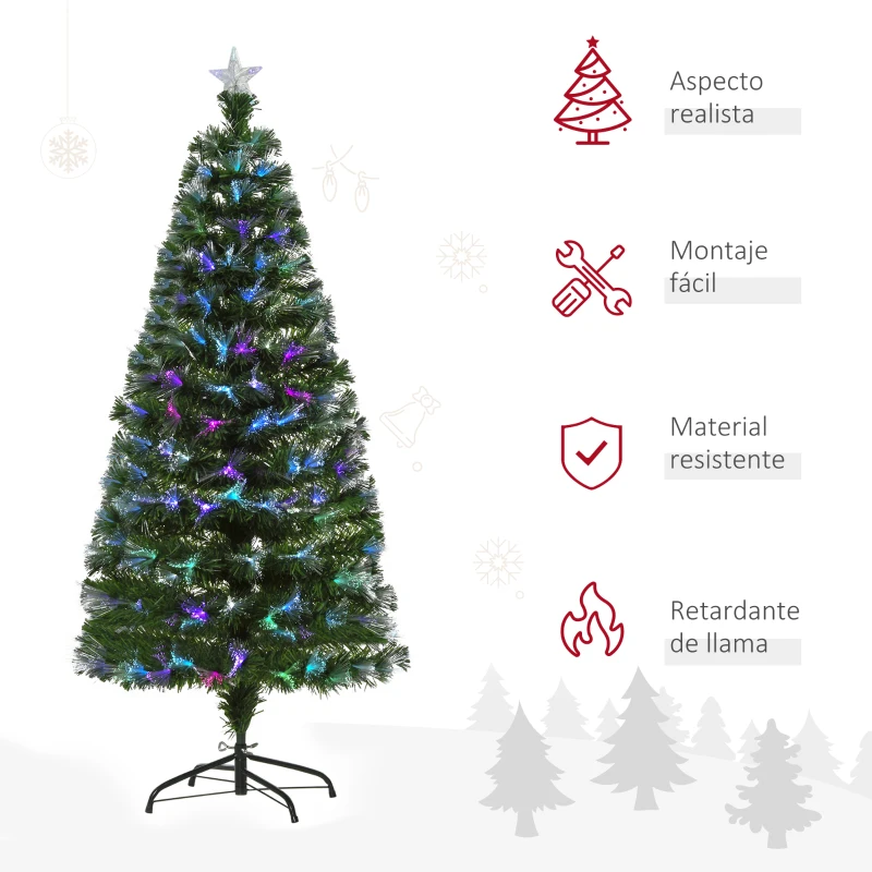 HOMCOM Árbol de Navidad 150cm Artificial Árboles con 180 Luces LED multicolor y Estrella Decorativa Brillante Árbol con Soporte Fibra Óptica