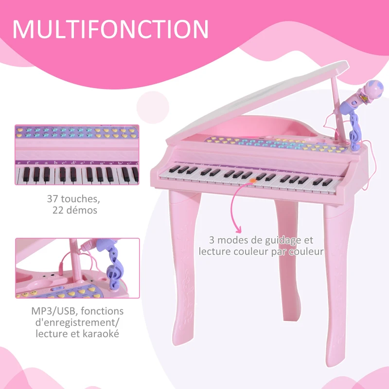 HOMCOM Piano à Queue électronique 37 Touches Multifonctions avec Micro Haut Parleur, tabouret, lumière LED, fonction d'enregistrement et de relecture, instrument de musique enfant 3 à 6 ans Rose
