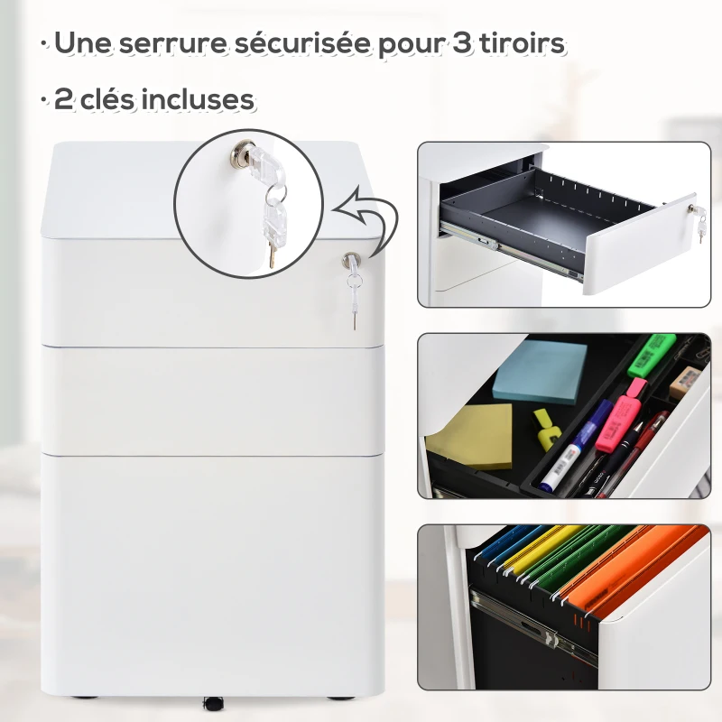 Vinsetto Caisson de bureau rangement bureau sur roulettes 3 tiroirs coulissants verrouillables trieur à dossiers dim. 39L x 48I x 59H cm acier blanc