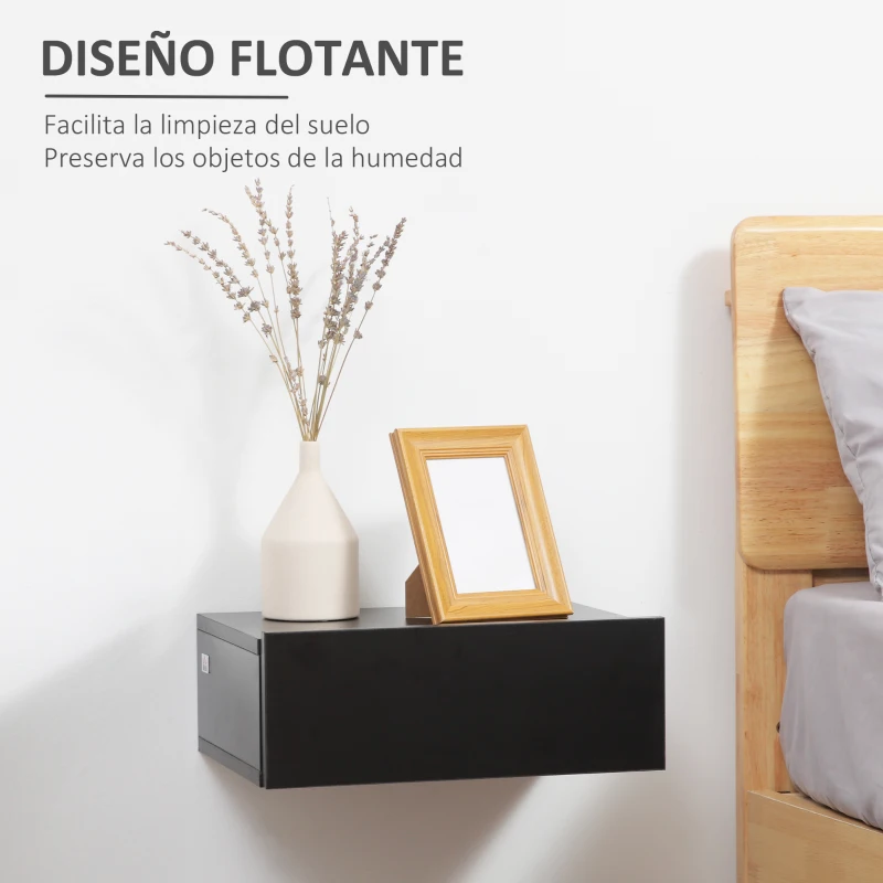 HOMCOM Set de 2 Mesitas de Noche Flotantes con 1 Cajón Diseño Montado en la Pared Estilo Moderno 40x30x15 cm Negro