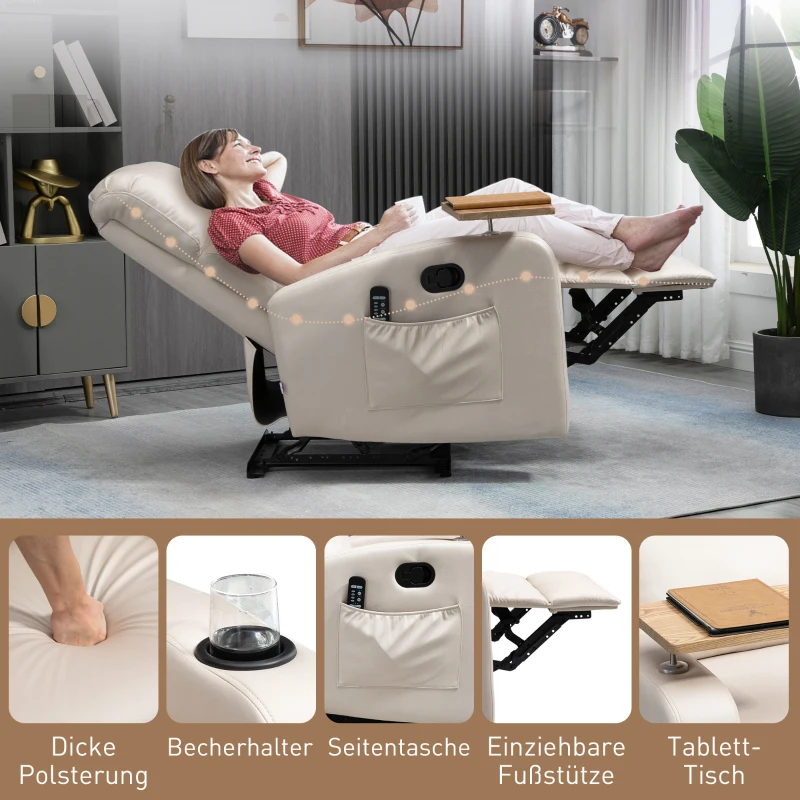 HOMCOM Massagesessel Relaxsessel Liegesessel, 1 Klapptisch, 1 Fußstütze; 77 cm x 93 cm x 105 cm, Beige(m-8)