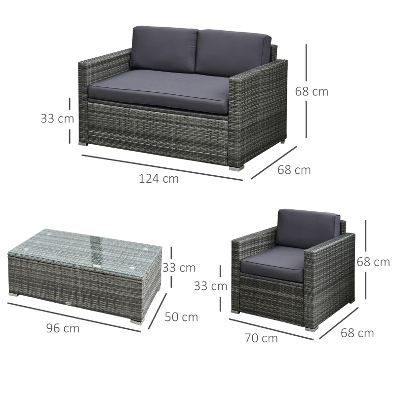 Outsunny Set da Giardino 4 Pezzi in Rattan PE e Acciaio, con Divano, 2 Poltrone e Tavolino da Caffè, Grigio