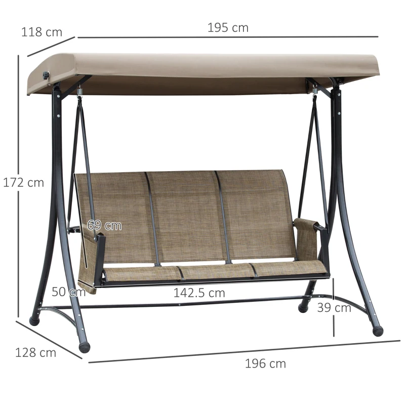 Outsunny Dondolo da Giardino a 3 Posti con Tettuccio Regolabile e Tasche Portaoggetti Marrone 196x128x172cm