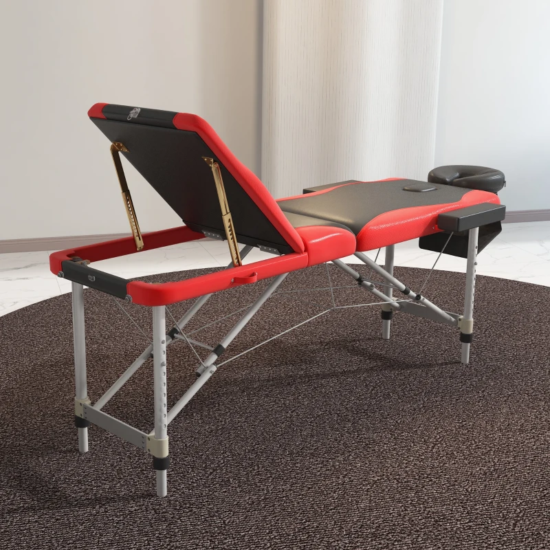 HOMCOM Foldable Massage Bed Portable Table, 3-Section Aluminium Foldable Beauty Couch, Professional Salon Spa Table with Headrest Support and Carry Bag, 60 cm Width, Black and Red