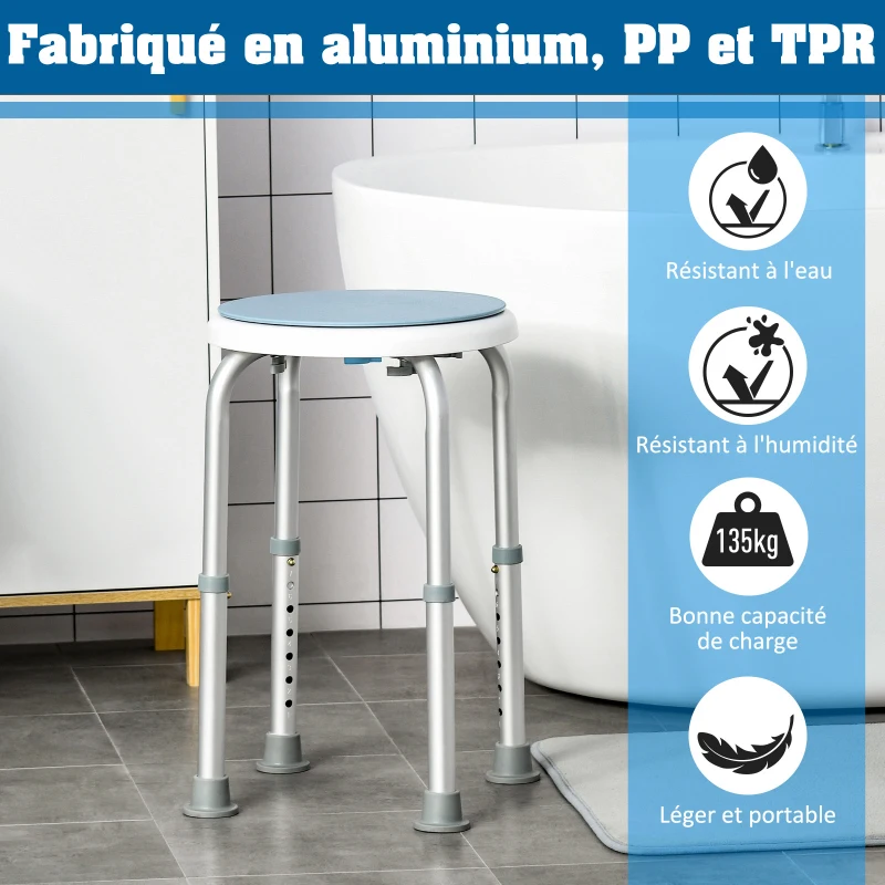 HOMCOM Tabouret de douche siège de douche antidérapant tabouret de bain hauteur réglable pivotant à 360° en aluminium