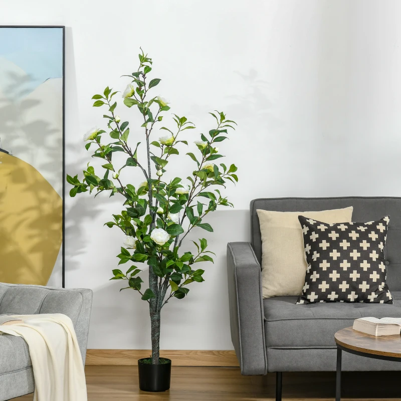 HOMCOM Árbol de Camelia Artificial 150 cm con Maceta de Cemento Hojas Realistas y Flores de Tela Planta Sintética Decoración para Hogar Oficina Interior Verde
