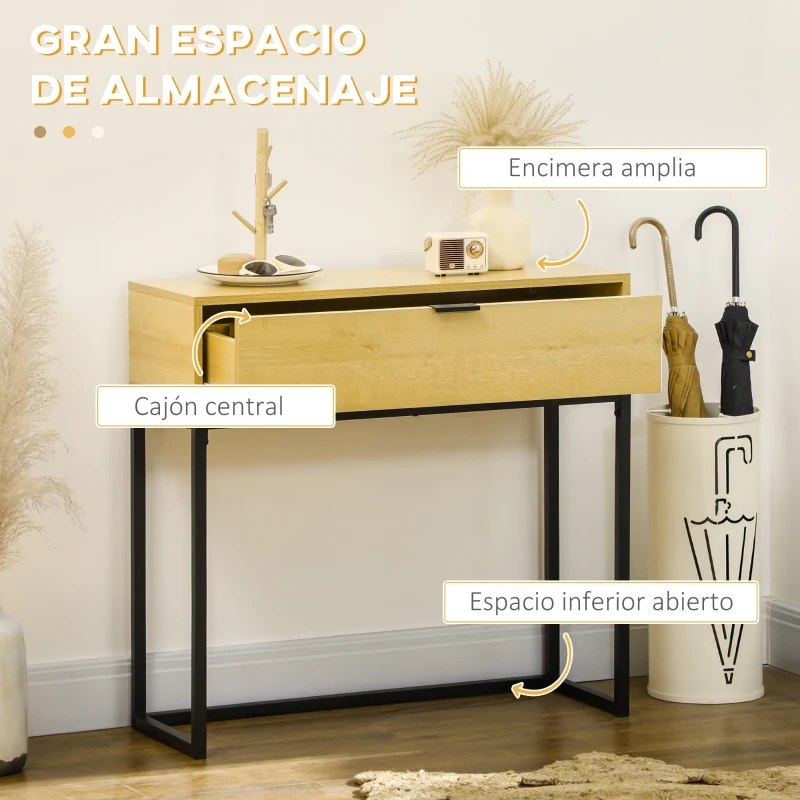 HOMCOM Mesa Consola con Cajón Consola Auxiliar Moderna Mesa de Entrada con Patas de Acero para Pasillo Salón 80x30x76cm Natural