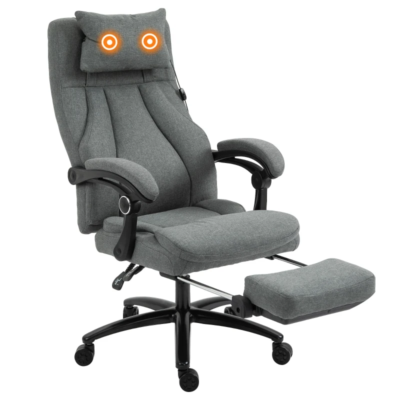 Vinsetto Office Chair, Fabric Desk Chair with Adjustable Massage Pillow, USB Power and Retractable Footrest, High Back, 360° Swivel, for Home, Grey