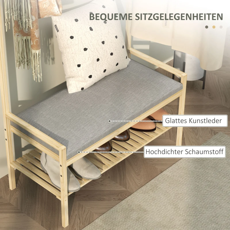 HOMCOM Garderobe mit Schuhbank, Kleiderstange, 10 Kleiderhaken, Schuhablage, Bambus