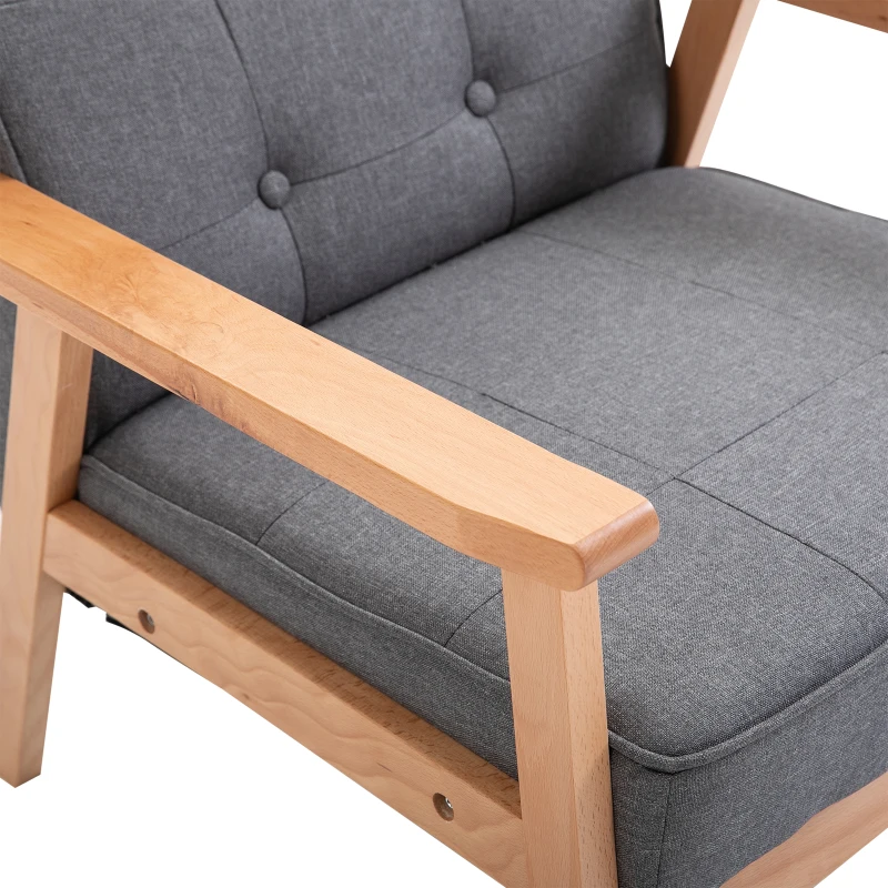 HOMCOM Poltrona Stile Scandinavo Imbottita e Trapuntata a Bottoni in Tessuto e Legno, 64.5x70x74cm, Grigio