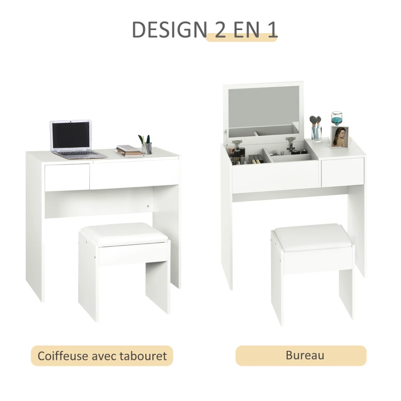 HOMCOM Coiffeuse Table de Maquillage Design Contemporain 80L x 40l x 79H cm Miroir escamotable, tiroir, Coffre + Tabouret Blanc