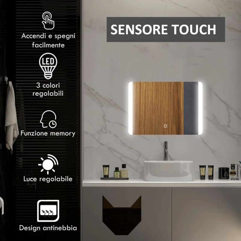 HOMCOM Specchio Bagno con Luce LED a 3 Temperature, Interruttore Touch e Antiappannamento, 70x50cm