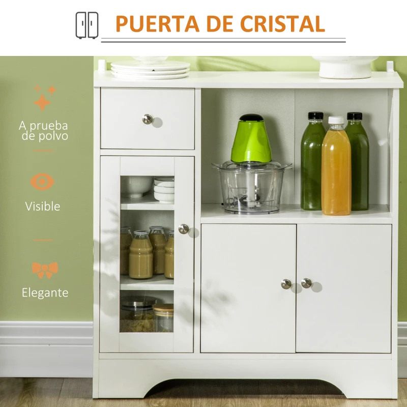 HOMCOM Aparador de Cocina Moderno con Puerta de Vidrio Mueble Auxiliar de Almacenaje para Comedor 80x30x82 cm Blanco(m-6)