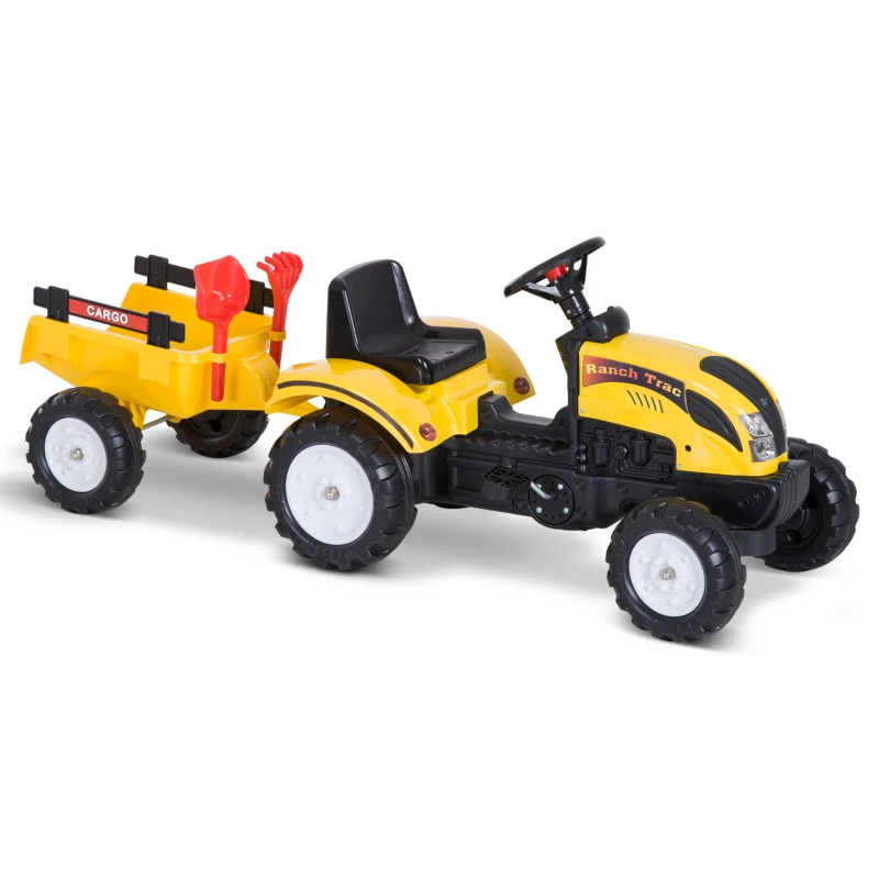 HOMCOM Tractor Pedal con Remolque para Niños 3 Años Juguete de Montar Coche de Pedales Carga 35 kg 133x42x51 cm Amarillo