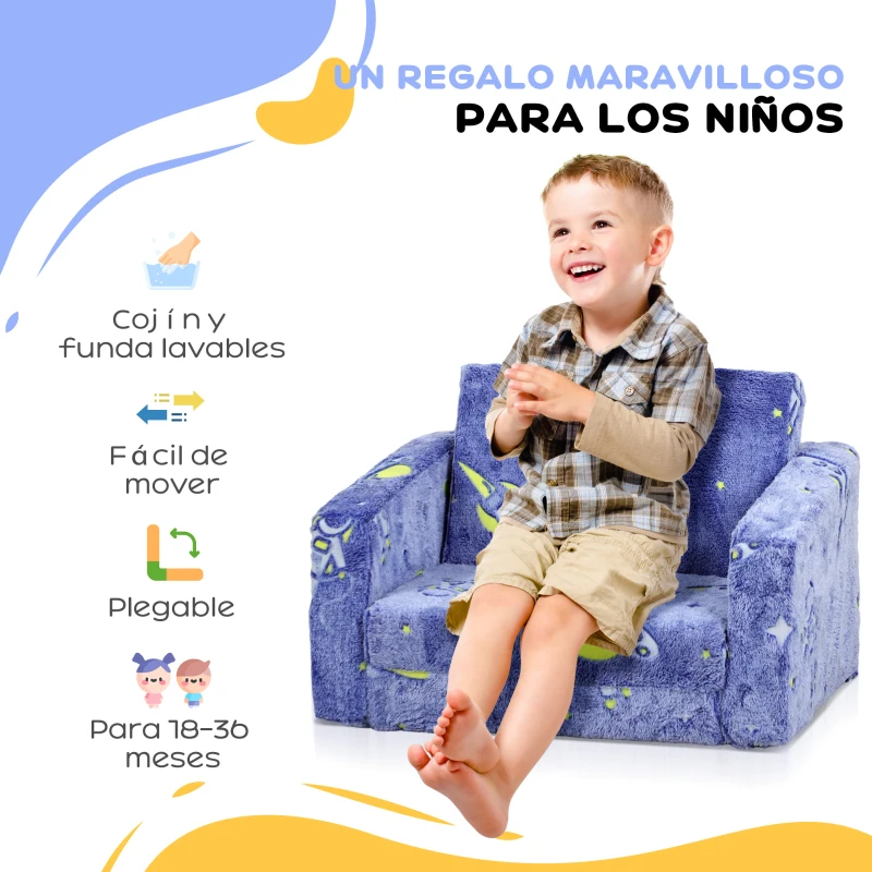 AIYAPLAY Sofá Infantil Plegable 2 en 1 Tapizado de Tela Luminosa con Patrón Cósmico Cojín y Funda Lavables Azul