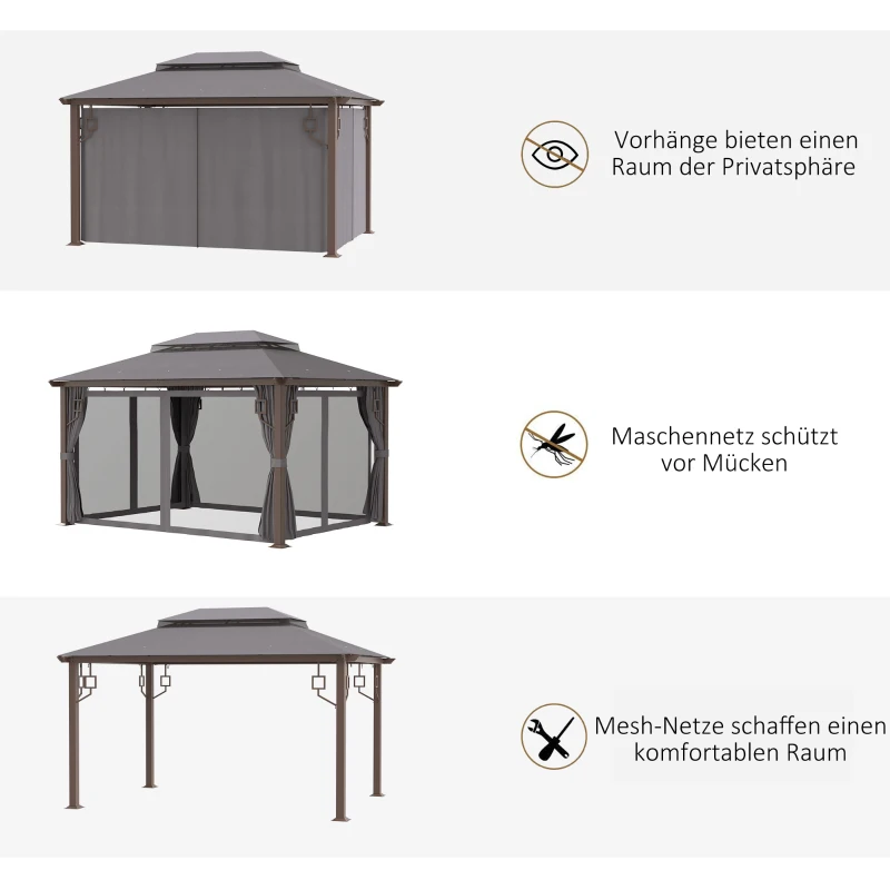Outsunny Pavillon Gartenpavillon 4 x 3 m Gartenzelt Festzelt Partyzelt mit 4 x Seitenteile 4 x Moskitonetz atmungsaktivem Doppeldach Metall Polyester Braun+Dunkelgrau