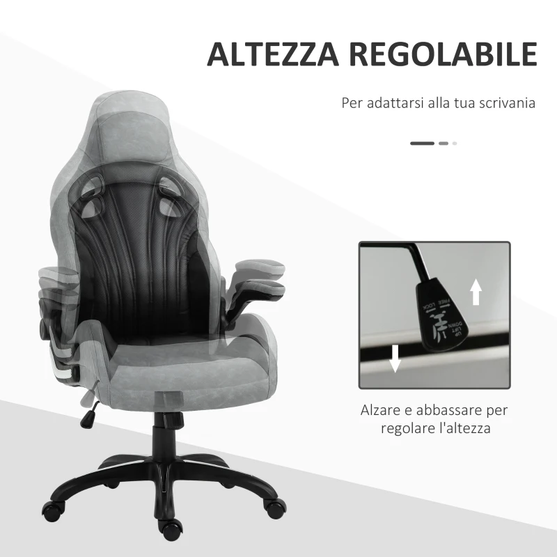 Vinsetto Sedia da Ufficio Poltrona Gaming, Ergonomica con Schienale Alto, Girevole e Altezza Regolabile, Nero e Grigio