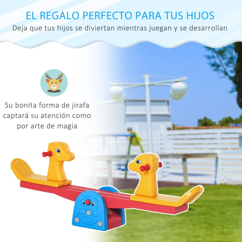 HOMCOM Sube y Baja Infantil Columpio Balancín para Niños con Respaldo Manillar Texturizado en Forma de Jirafa Carga 20kg por Asiento para Interior y Exterior 150x32x60 cm Multicolor