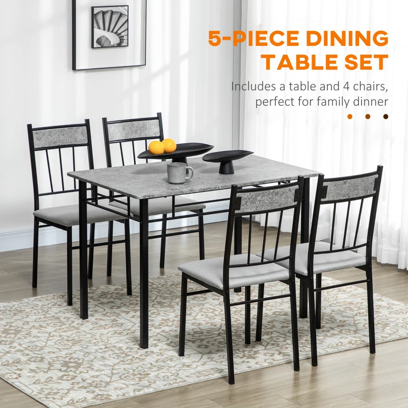 HOMCOM Five-Piece Marble Effect Dining Table Set - Grey/Black