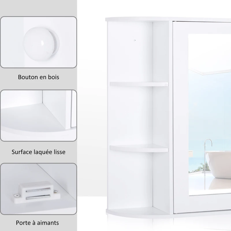 HOMCOM Armoire Murale avec Miroir Salle de Bain Meuble Miroir avec Rangement Toilettes 1 Porte + étagères latérales Blanc