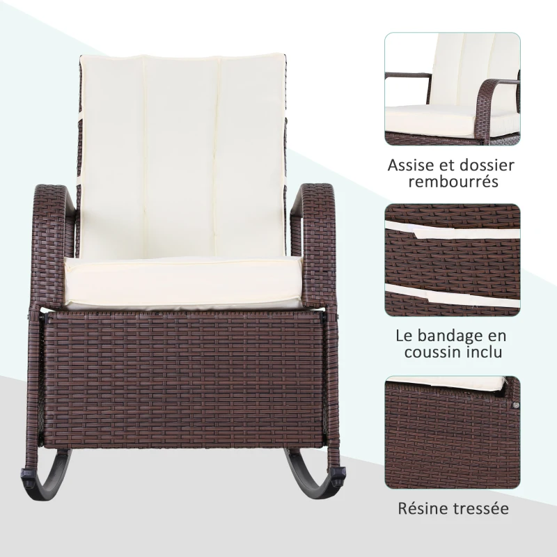 Outsunny Rocking Chair Fauteuil à Bascule Grand Confort Style Cosy Coussins Assise Dossier déperlant crème résine tressée Imitation rotin Chocolat
