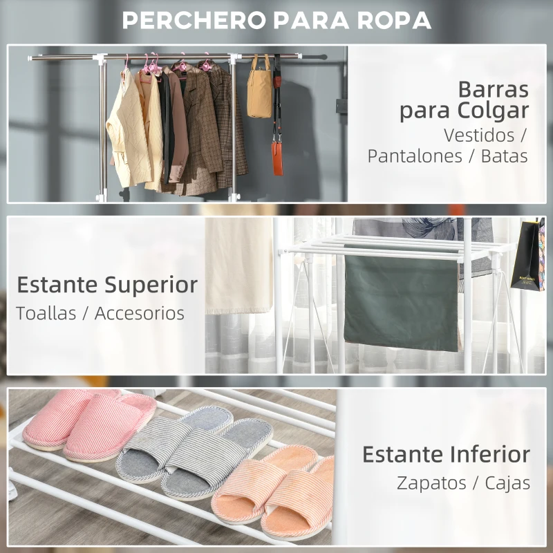 HOMCOM Perchero Plegable para Ropa con Ruedas Barras para Colgar Extensibles Altura Ajustable y 2 Estantes Tendedero de Ropa Tipo Torre 88-157x50x95-160 cm Blanco