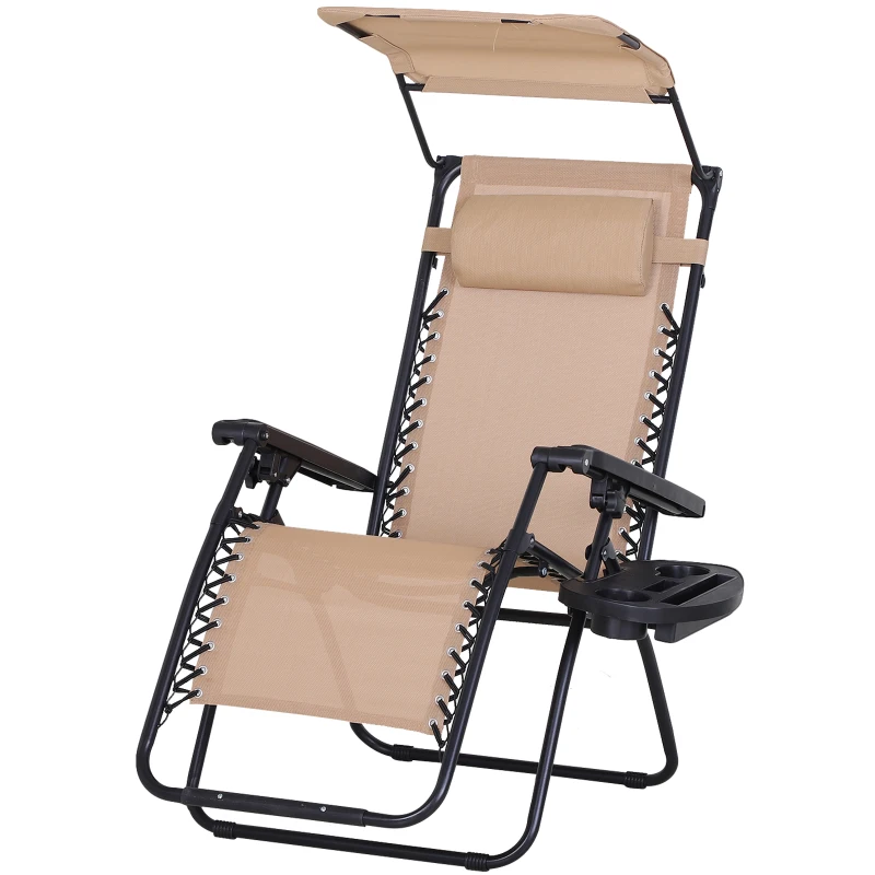 Outsunny Tumbona Plegable Silla de Gravedad Cero Reclinable con Toldo de Sombra con Bandeja Portavasos Portátil Texteline para Jardín Balcón Carga 150kg 90x65x110 cm Beige