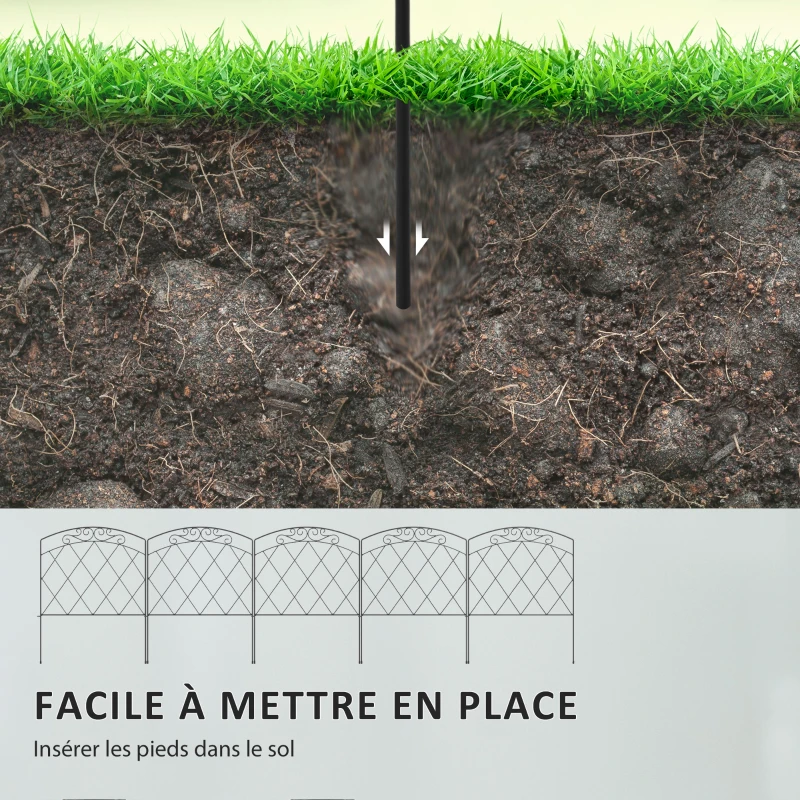 Outsunny Lot de 5 clôture de jardin décoratives, bordures en métal noir avec ornements pour parterre de fleurs - 305 x 80 cm noir