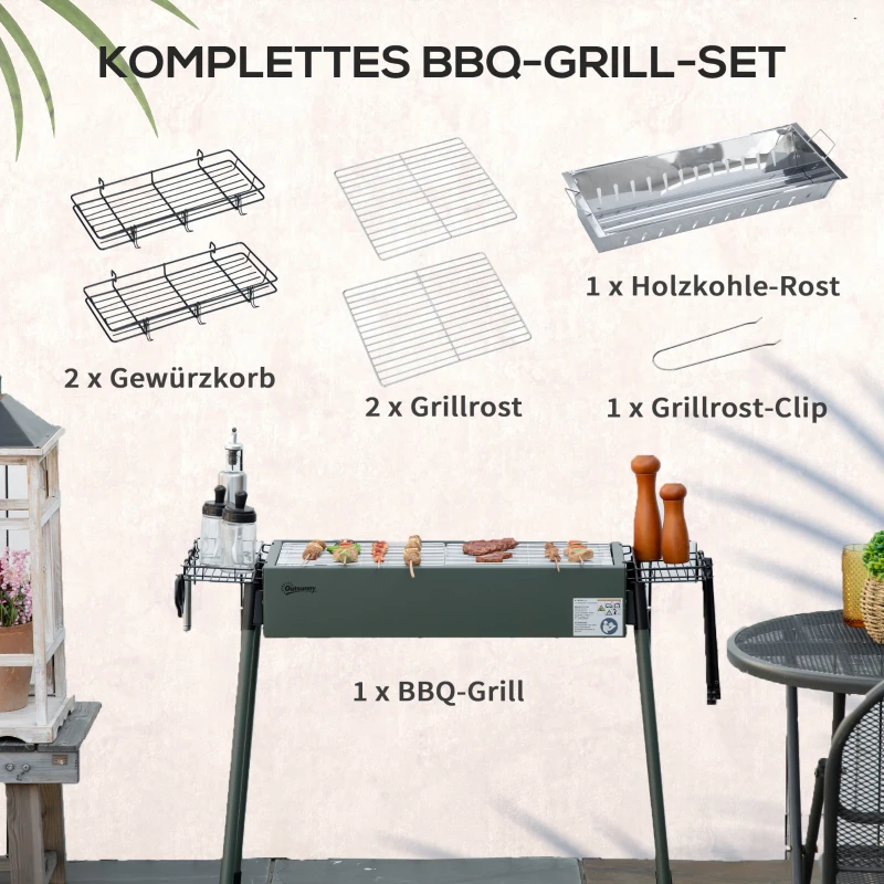 Outsunny Holzkohlegrill, 2x Grillrost, 1x Kohlegitter, 2x Seitenkorb, rostfreier Stahl, dunkelgrün, 94 x 39 x 70 cm