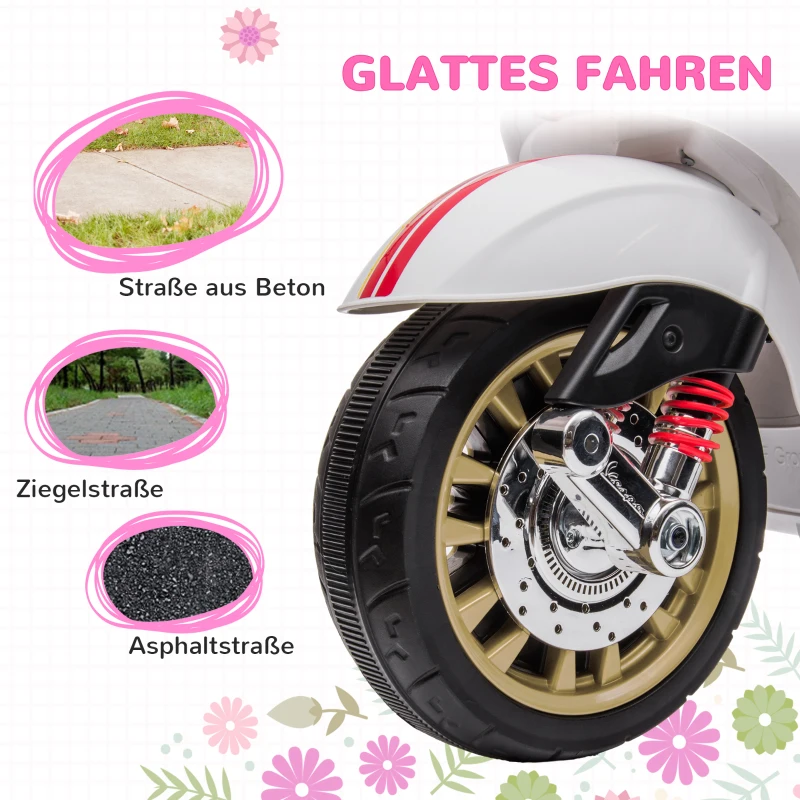 AIYAPLAY Elektro-Kindermotorrad, Vespa, 3 km/h, 3-6 Jahre, Musik, Licht & Radio, Weiß(m-7)