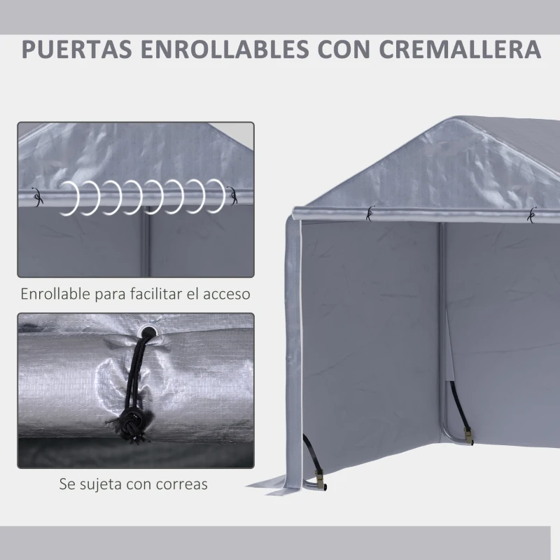 Outsunny Carpa para Bicicletas y Motos 2x2x2 m con 1 Puerta con Cremallera 1 Cubierta de PE Anti-UV y Marco de Acero Gris