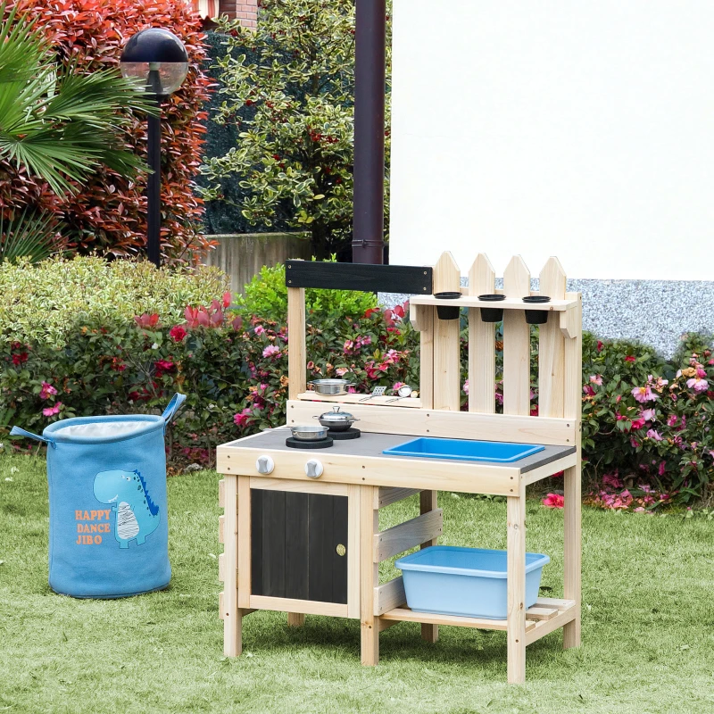 Outsunny Matschküche Outdoor Sandspieleset aus Holz Gartenküche Spieltisch Sand mit Pflanztöpfe Edelstahl Zubehör Spielzeugset Spielzeugküche für 3-7 Jahre 81,5 x 46 x 102,5 cm