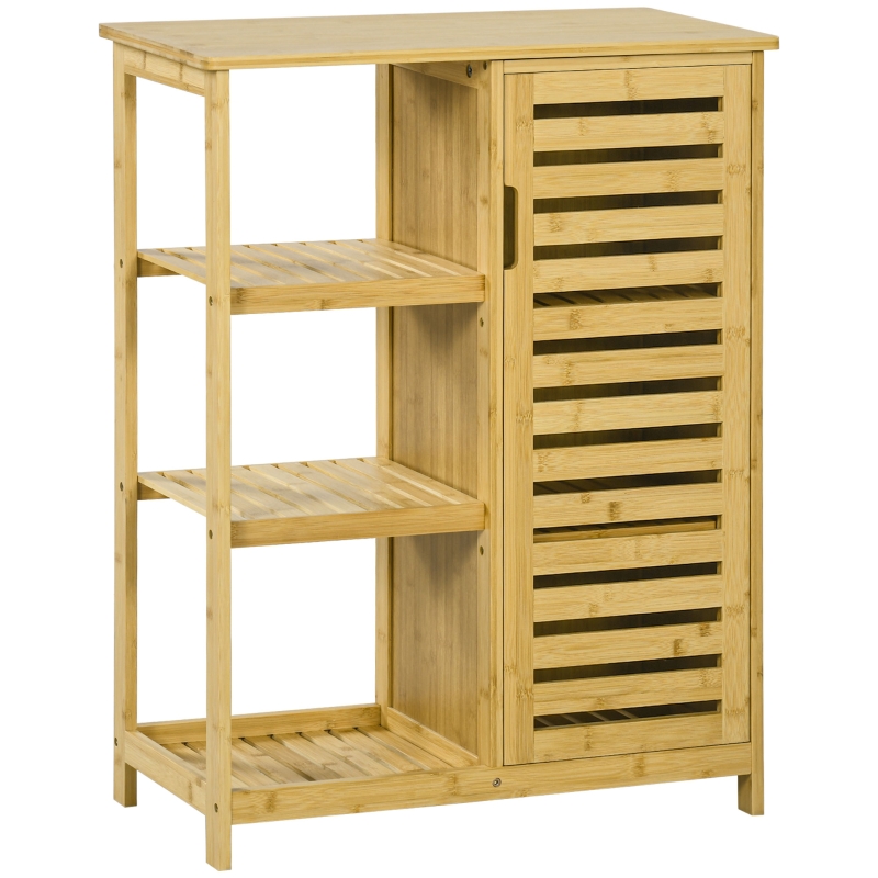 kleankin Badezimmerschrank aus Bambus, 3 Regale, 1 Schrank mit  Lamellentren, Natur | Aosom.de