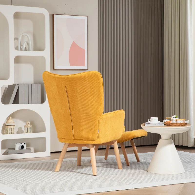 HOMCOM Akzentsessel mit Hocker, Relaxsessel in Cord-Optik, Armlehnstuhl mit Holzbeinen, für Wohnzimmer, Orange(m-8)