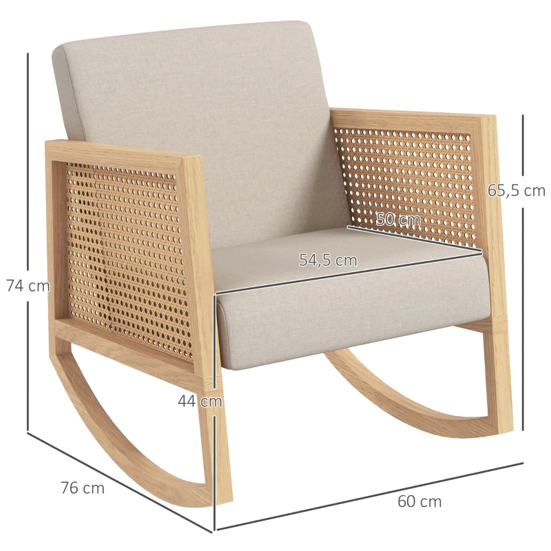 HOMCOM Fauteuil à bascule rocking chair design tissu effet lin accoudoirs cannage style bohème structure en d'hévéa gris clair