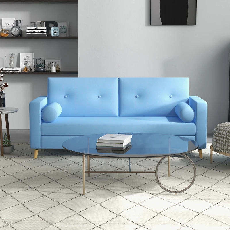 HOMCOM Divano 3 Posti in Tessuto con 2 Cuscini a Cilindro, 180x81x83cm, Azzurro