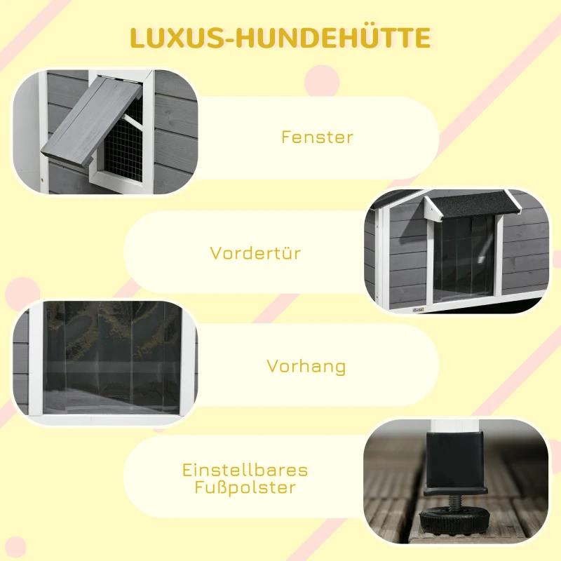 PawHut Hundehütte aus Massivholz, wetterbeständig, Asphaltdach, abnehmbarer Boden, 109 cm x 79 cm x 72 cm, Grau + Weiß