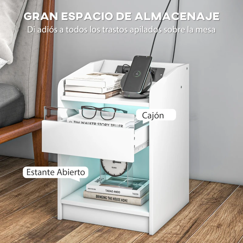 HOMCOM Mesilla de Noche con Luces LED Cajón Estante Estación de Carga Puertos USB y Control Remoto 40x40x58 cm Blanco