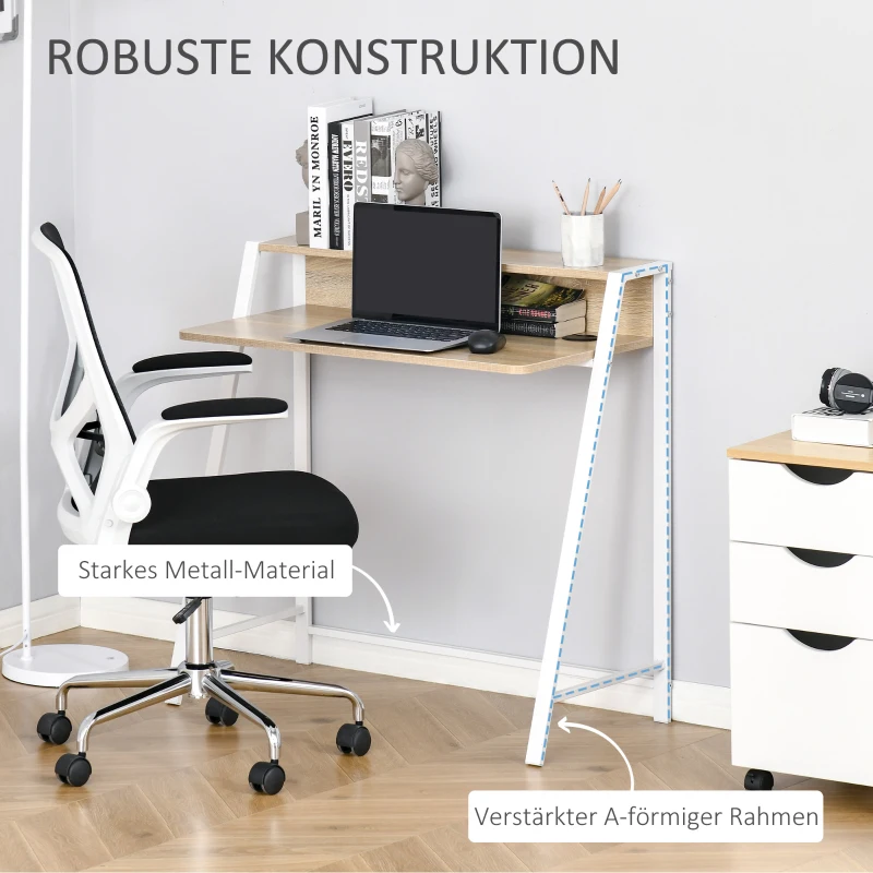 HOMCOM Schreibtisch, Computertisch mit Ablage und Kabel Management, moderner Schreibtisch mit Metallgestell für Arbeitszimmer, Schlafzimmer, Home Office, 84 x 45 x 85 cm, Weiß+Eiche