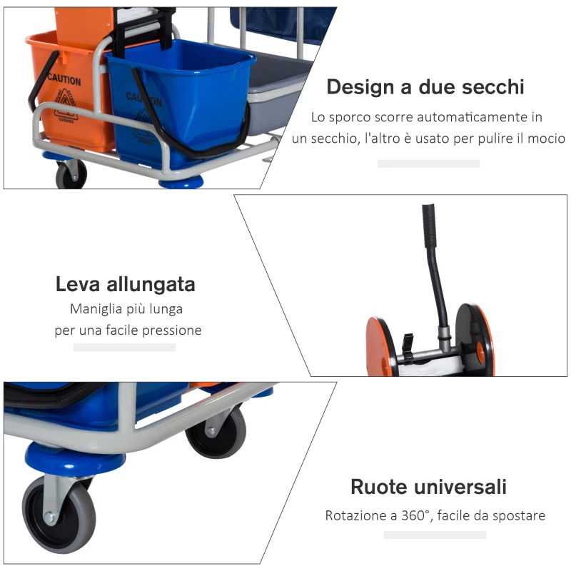 HOMCOM Carrello per Pulizie Professionale Multiuso con 4 Secchi Rotelle Borsa di Tela 118 × 73 × 103cm