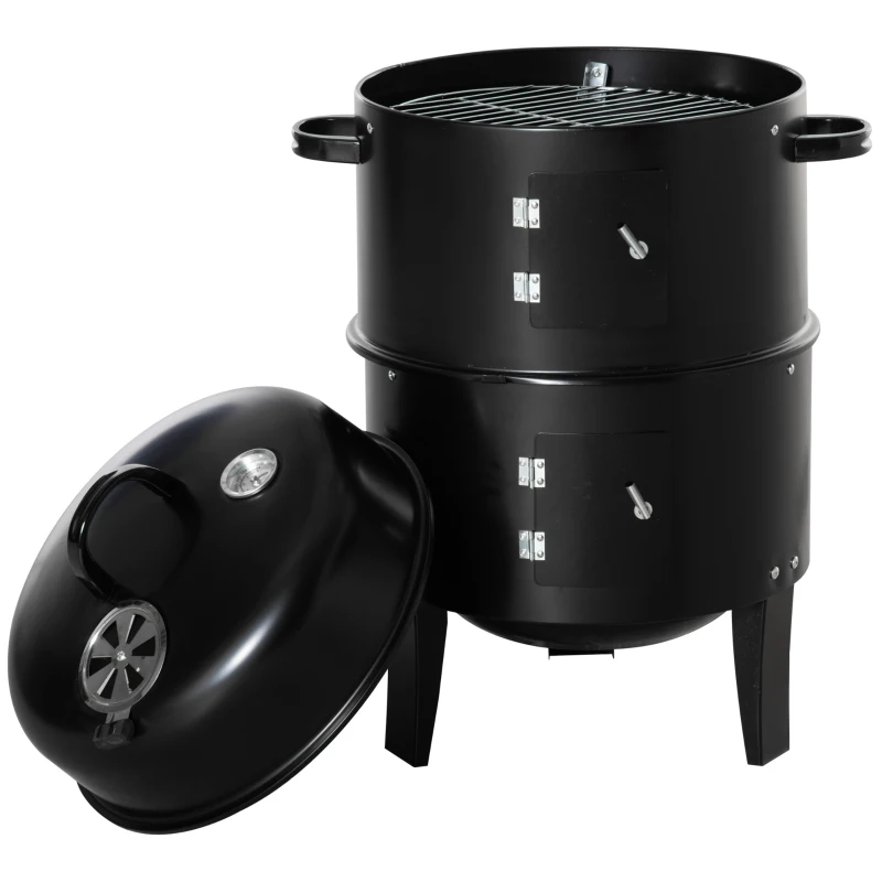 Outsunny 3-in-1 Smoker, Charcoal Barbecue Grill, Fire Pit, Portable BBQ with Thermometer for Garden Camping Outdoor Cooking