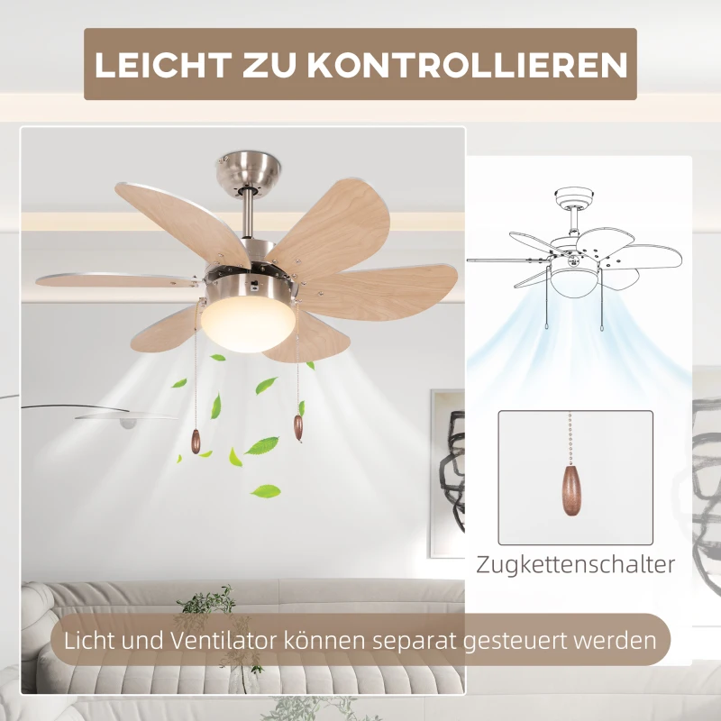 HOMCOM Deckenventilator Deckenventilator mit Licht, Kettenzugschalter, 3 Geschwindigkeiten, 76 cm x 76 cm x 41,5 cm, Weiß