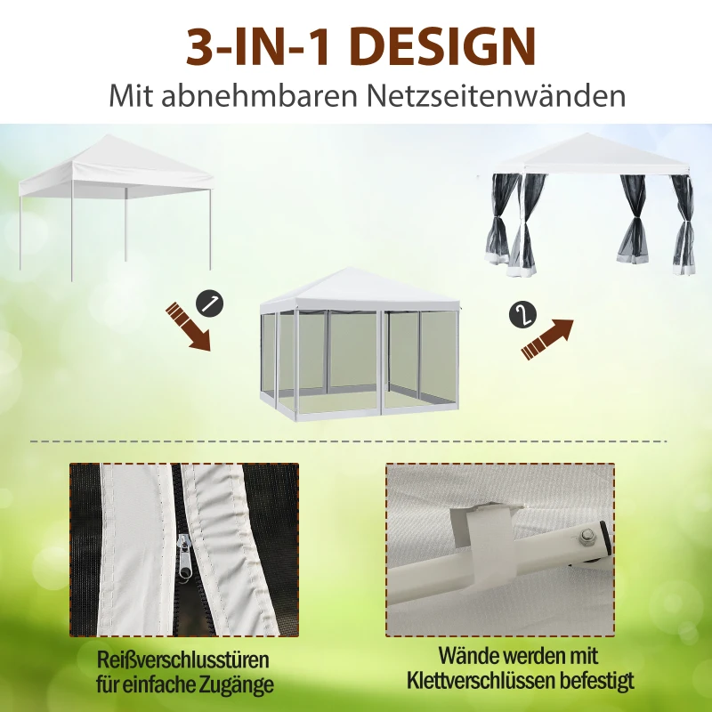 Outsunny Faltpavillon, Faltzelt mit Seitenwänden inkl. Tragetasche, Gartenpavillon, Metall, Oxfordstoff, 3 x 3 m, Cremeweiß