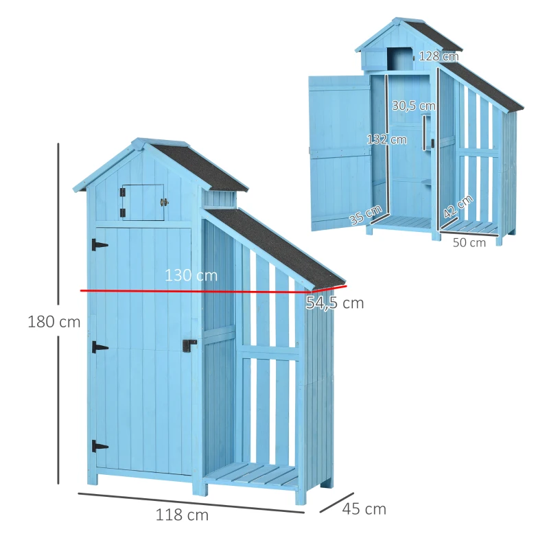 Outsunny Armoire abri de Jardin Remise pour Outils 3 étagères 2 Portes loquets + Range-bûches Toit Pente bitumé Bois Sapin traité Bleu